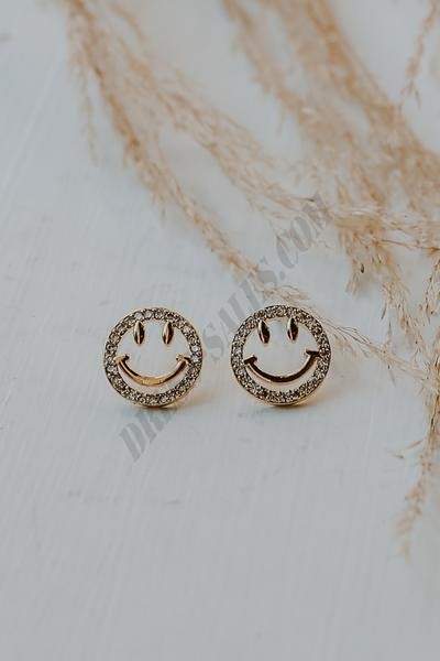 On Discount ● Anne Gold Rhinestone Smiley Face Stud Earrings ● Dress Up - -0