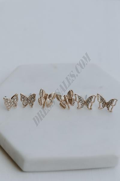 On Discount ● Anna Gold Butterfly Stud Earring Set ● Dress Up - -0