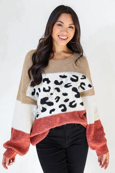 On Discount ● Roam Free Leopard Color Block Sweater ● Dress Up - -0