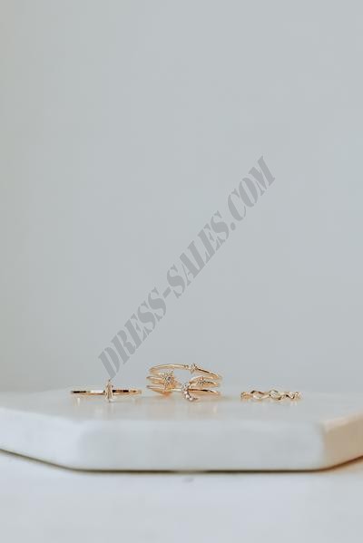 On Discount ● Ava Gold Rhinestone Star + Moon Ring Set ● Dress Up - -3
