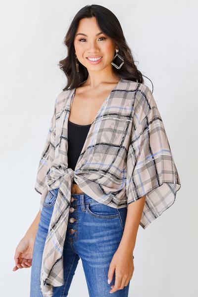 On Discount ● Chic Desires Plaid Tie-Front Blouse ● Dress Up - -1